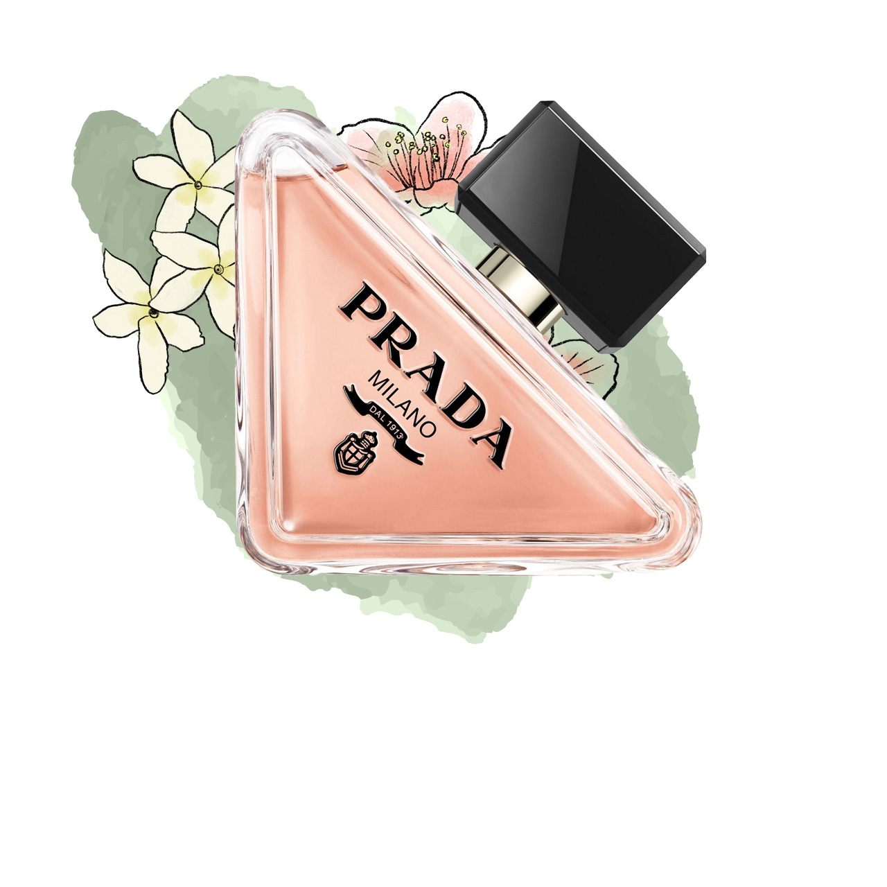 A Prada perfume bottle with a triangular design is set against a floral illustration background.'