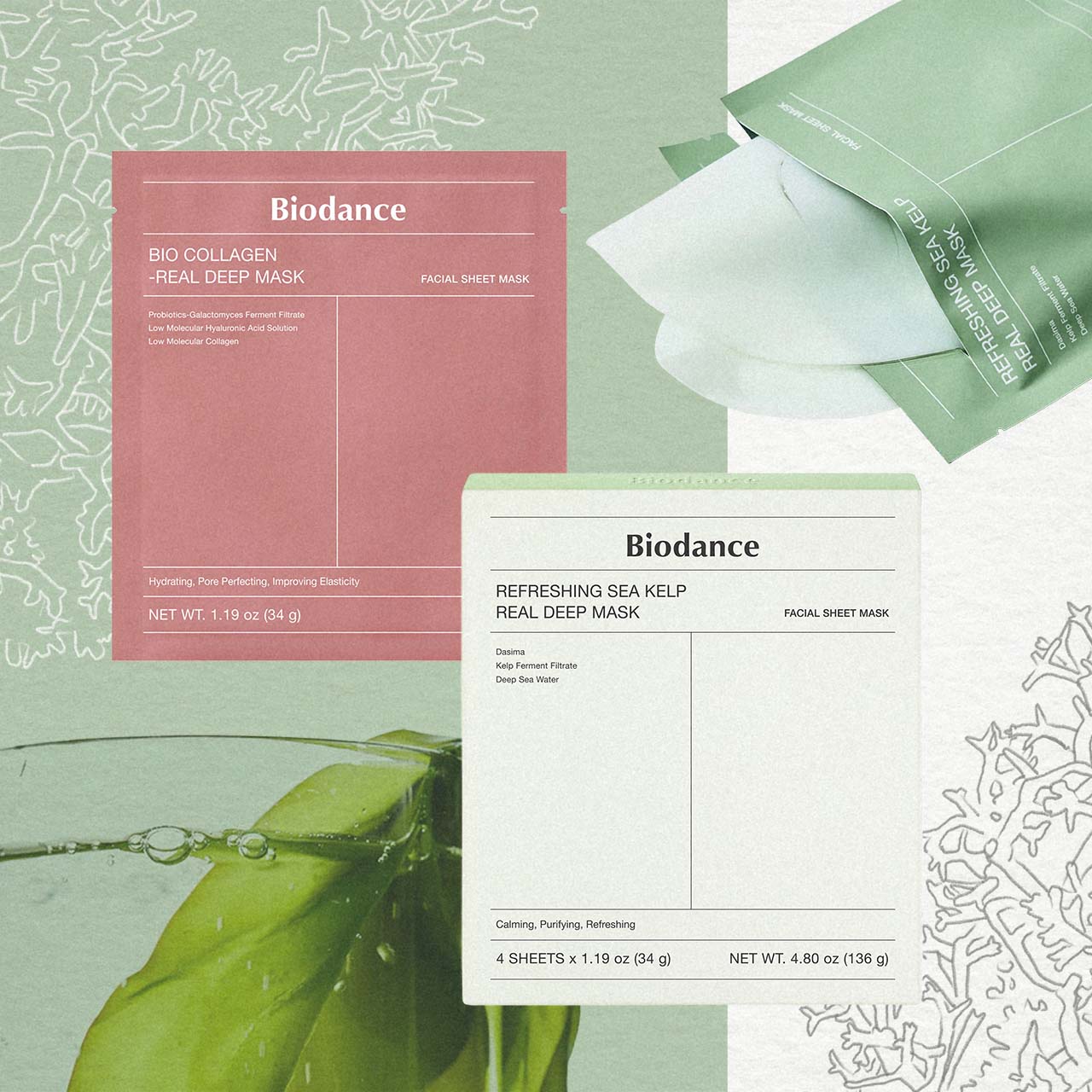 Collage of images and drawings of algae and Korean beauty products containing algae ingredient, with textures and colours of product samples and swatches, on a paper texture. 