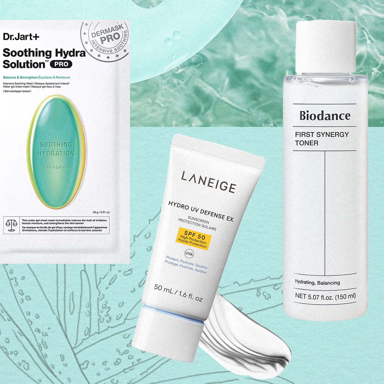 Collage of images and drawings of aloe vera plant and Korean beauty products containing aloe vera ingredient, with textures and colours of product samples and swatches, on a paper texture.