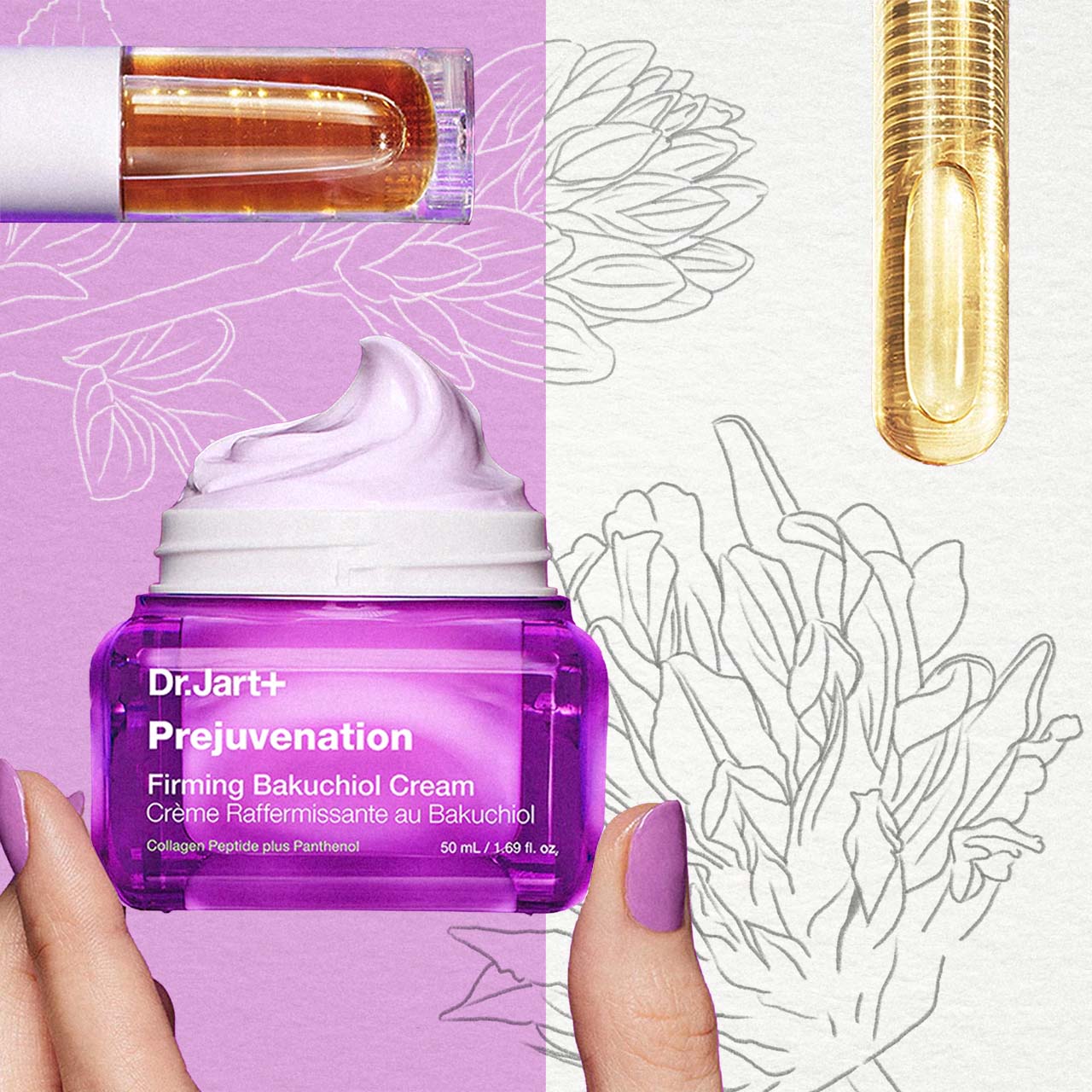 Collage of images and drawings of bakuchiol flower and Korean beauty products containing bakuchiol ingredient, with textures and colours of product samples and swatches, on a paper texture. 