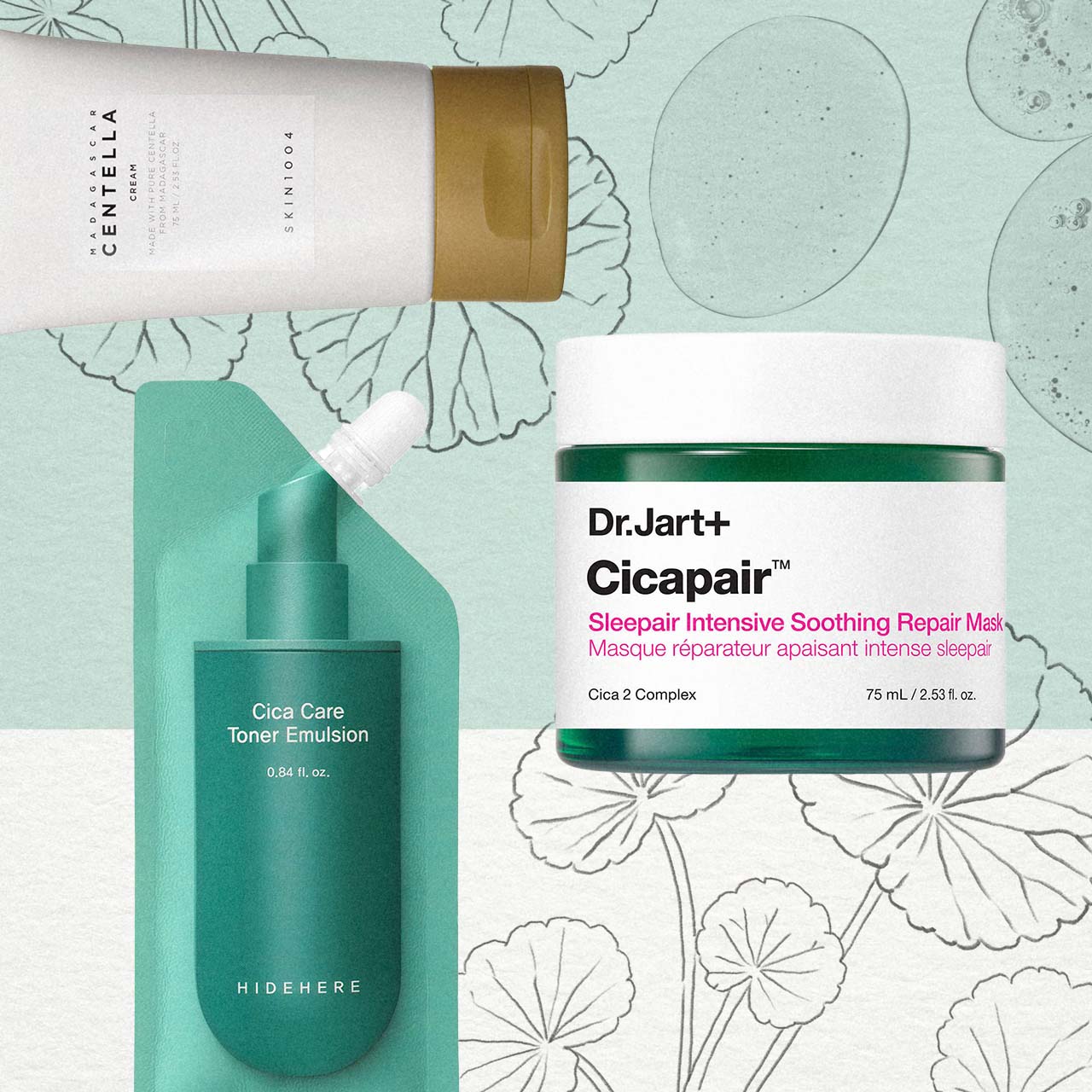 Collage of images and drawings of Centella Asiatica plant ingredient and Korean beauty products containing it, with textures and colours of product samples and swatches. 