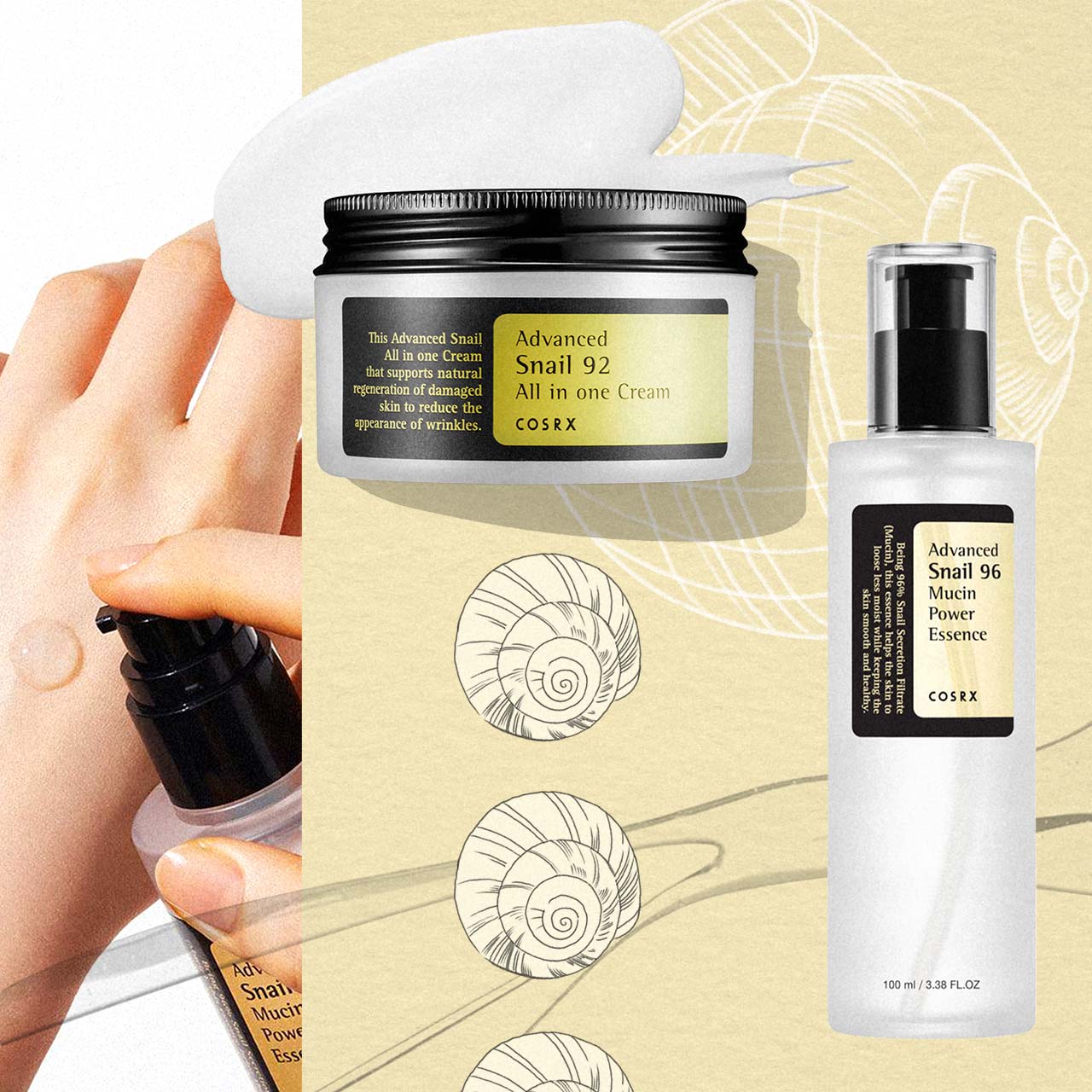 Collage of images and drawings of snail shells and Korean beauty products containing snail mucin ingredient, with textures and colours of product samples and swatches, on a paper texture. 