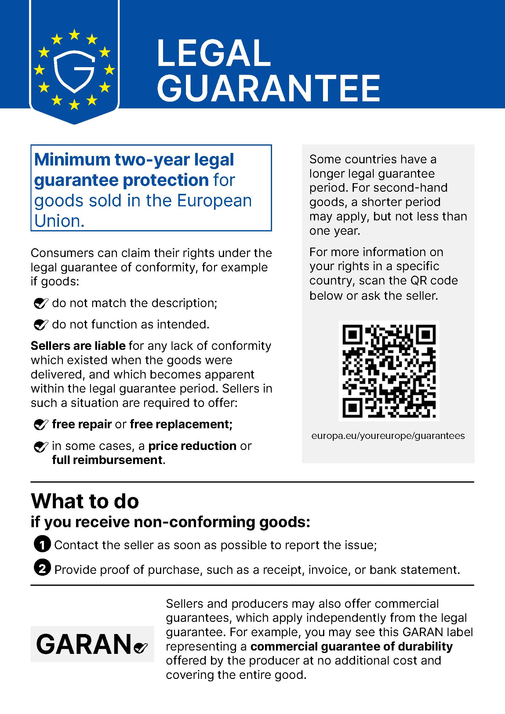 EU legal guarantee notice explaining minimum two-year protection, available remedies and what to do if goods do not conform