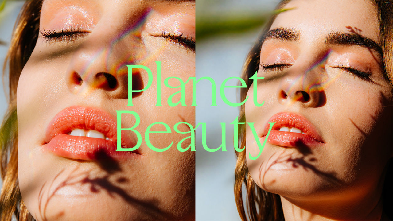 Two close-up images of a woman's face with eyes closed, natural lighting, and 'Planet Beauty' text in the center.