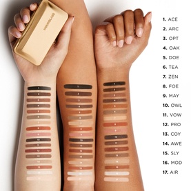 HOURGLASS Curator Eyeshadow shade swatches on three skin tones, showing 17 shades from light to deep, with shade names listed