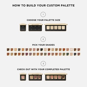 HOURGLASS Curator Eyeshadow custom palette builder guide showing three steps: choose palette size, pick shades, and checkout with completed palette