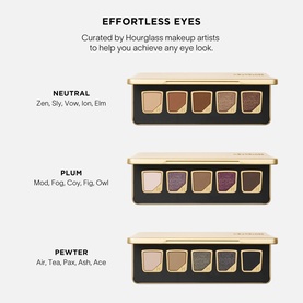 Hourglass Curator Eyeshadow palettes in three shades: Neutral, Plum, and Pewter, each in a gold compact with five pans