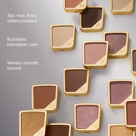 Hourglass Curator Eyeshadow compact cases in assorted neutral and shimmer shades, displayed in gold packaging with talc-free powder formula