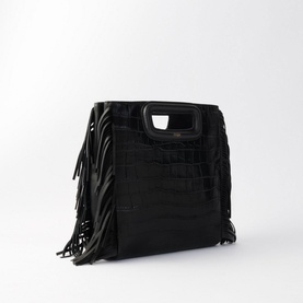 Maje Mcroc-Embossed Leather Bag in black, croc-embossed leather with fringe detailing on sides and top handles