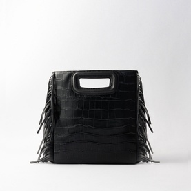 Maje Mcroc-Embossed Leather Bag in black with croc-embossed finish, side fringe detailing, two top handles and silver-tone hardware