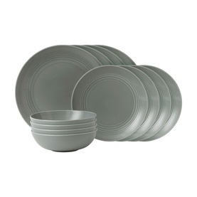 Gordon Ramsay Maze Dark Grey 12 Piece Dinner Set in grey stoneware with embossed concentric circle detail, including plates and bowls