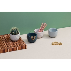 Jasper Conran 100% Recycled Mini Pots in multi, set of four shown styled on a desk holding a cactus, pencils and jewellery