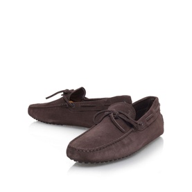 Tod's Classic Gommino Tie Driving Shoes in brown suede leather, round toe, slip-on with lace-up trim and rubber pebble sole