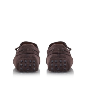 Tod's Classic Gommino Tie Driving Shoes in brown suede leather, rear view showing signature rubber studded sole and lace trim detail