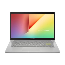 Asus 14 Inch Vivobook Full HD R5 5500U 8GB RAM 256GB SSD laptop in silver, open showing colourful gradient screen wallpaper