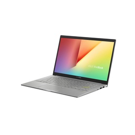 Asus 14 Inch Vivobook Full HD R5 5500U laptop in silver, open at angle showing colourful screen and full keyboard