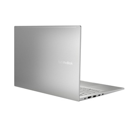 Asus 14 Inch Vivobook laptop in silver, rear three-quarter view showing slim profile and USB ports on right side