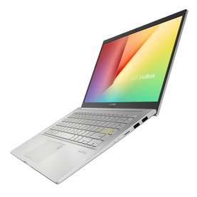 Asus Vivobook 14-inch laptop in silver, open at an angle showing full keyboard and colourful gradient display screen