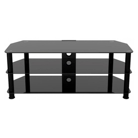 Prestige 1250mm Black Glass TV Stand with black legs, three open shelves and cable management hole on top shelf