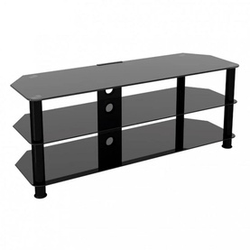 Prestige 1250mm Black Glass TV Stand with black legs, three-tier smoked glass shelves and cylindrical corner supports