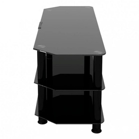 Prestige 1250mm Black Glass TV Stand with black legs, three-tier shelving in gloss black glass, angled corner design