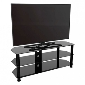 Prestige 1250mm Black Glass TV Stand with black legs, three tempered glass shelves, shown styled with a large flat-screen TV