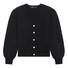 Maje Mistral Jewel Button Cardigan in black, V-neck, fluffy texture, loose long sleeves, short length, decorative jewel buttons
