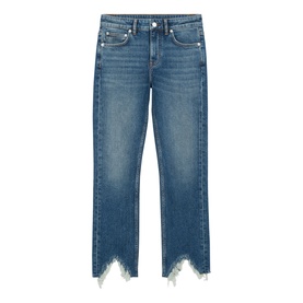 Maje Pachabfran Mid-Rise Slim Ripped Hem Jeans in mid blue denim with frayed raw hem detail and slim leg silhouette