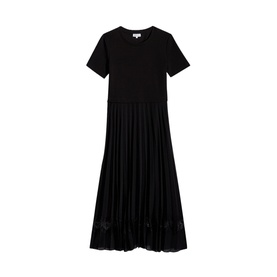 Claude Pierlot Teli Pleated Midi Dress in black, short-sleeve knit bodice with pleated skirt and lace hem trim