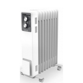 Dimplex 2KW Oil Filled Column Radiator in white with grey control panel, dial controls, and castor wheels