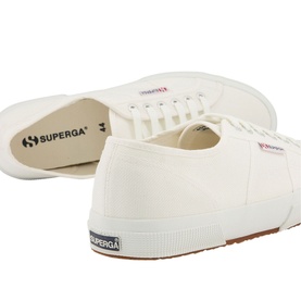 Superga 2750 Cotu Trainers in white canvas, low-top lace-up style with vulcanised gum sole, shown from above and side angle
