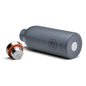 24 Bottles Clima Bottle 500ml Eclipse in grey, shown on its side with cap removed, revealing orange-sealed stainless steel lid