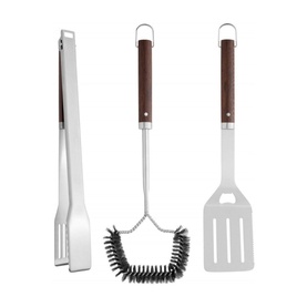 Berghoff Essentials 3 Piece BBQ Set in black, including tongs, grill brush, and spatula with dark wood-effect handles