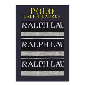 Ralph Lauren 3-Pack Trunks in grey with black logo waistbands, shown in branded Polo Ralph Lauren packaging