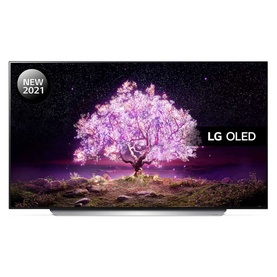 LG 48 Inch 4K OLED C16 Smart TV in silver, displaying a glowing purple tree on screen, with slim silver stand