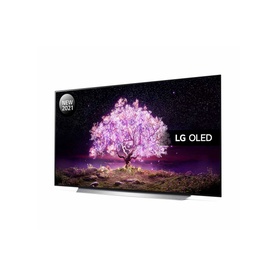 LG 48 Inch 4K OLED C16 Smart TV in silver, slim profile with metallic stand, displaying a glowing purple tree graphic on screen