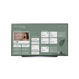 LG 48 Inch 4K OLED C16 Smart TV in silver, displaying Home Dashboard smart interface, shown with decorative plant beside it