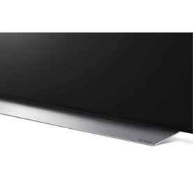 LG 48 Inch 4K OLED C16 Smart TV in silver, close-up of lower screen edge and slim silver base stand detail