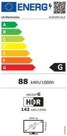 LG 48 Inch 4K OLED C16 Smart TV EU energy label, rated G, 88 kWh/1000h, HDR, 142 kWh/1000h