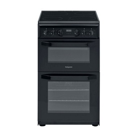 Hotpoint Electric Freestanding Double Cooker in black, ceramic hob with four zones, double oven with glass doors