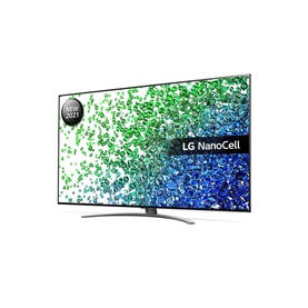 LG 65 Inch 4K NanoCell 81 Smart TV in grey, slim profile with silver stand, displaying a mosaic pattern on screen
