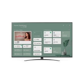 LG 65 Inch 4K NanoCell 81 Smart TV in grey, displaying Home Dashboard smart home interface on screen