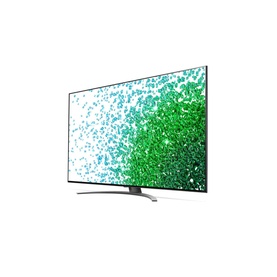 LG 65 Inch 4K NanoCell 81 Smart TV in grey, angled view showing slim bezel, green nature display on screen, and stand base