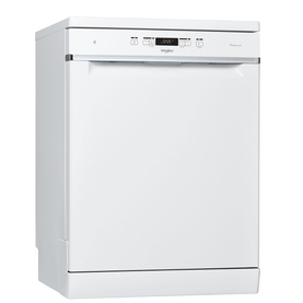 Whirlpool 14 Place 6th Sense Dishwasher in white, freestanding with digital control panel on top fascia