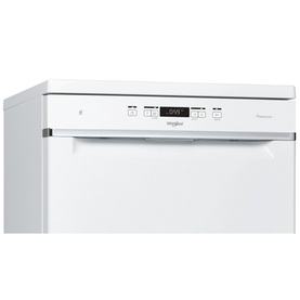 Whirlpool 14 Place 6th Sense Dishwasher in white, close-up of control panel with digital display and programme buttons