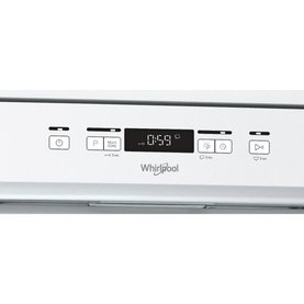 Whirlpool 14 Place 6th Sense Dishwasher in white, close-up of control panel with digital display and programme buttons