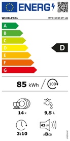 Whirlpool 14 Place 6th Sense Dishwasher EU energy label, rated D, 85kWh, 14 place settings, 9.5L, 3h10m cycle, 43dB noise level