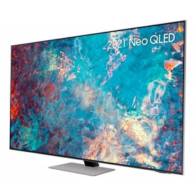 Samsung 75 Inch 4K QN85 Neo QLED Smart TV in black, angled view showing vivid display with slim silver stand