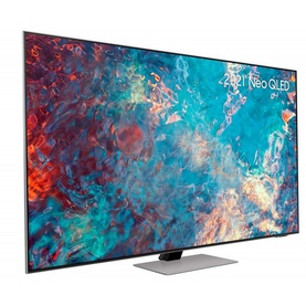 Samsung 75 Inch 4K QN85 Neo QLED Smart TV in black, slim silver-edged frame on stand, displaying vivid colourful abstract screen content