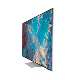 Samsung 75 Inch 4K QN85 NEO QLED Smart TV in black, shown at an angle highlighting the ultra-slim profile and silver stand